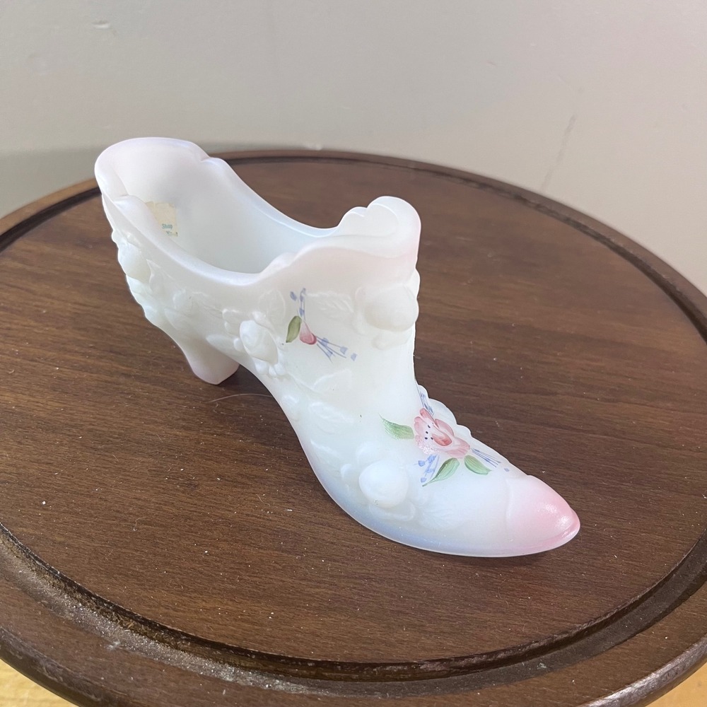 Fenton Glass Slipper Satin White Pink Hand Painted Floral Signed D Cutshaw Rose